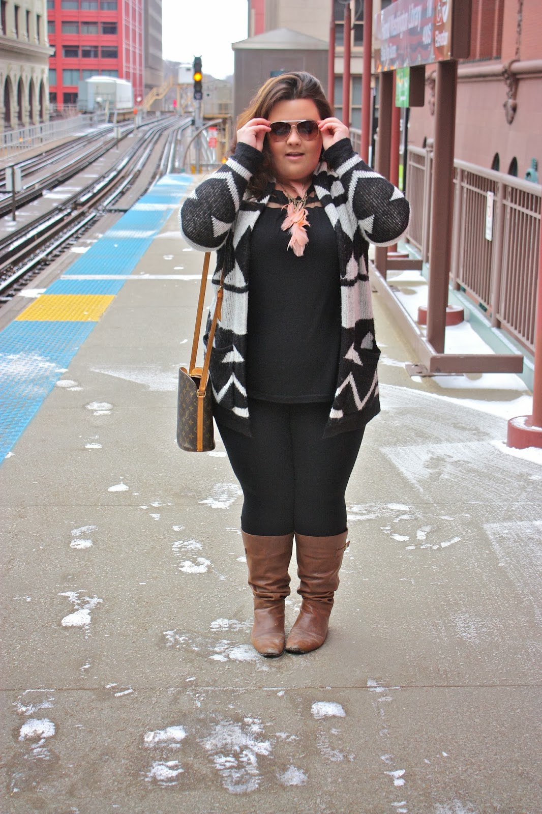 chicago, style, fashion, natalie craig, natalie in the city, oversized cardigan, feather necklace, stripes, tribal print, louis vuitton, forever 21, plus size fashion blogger, 
