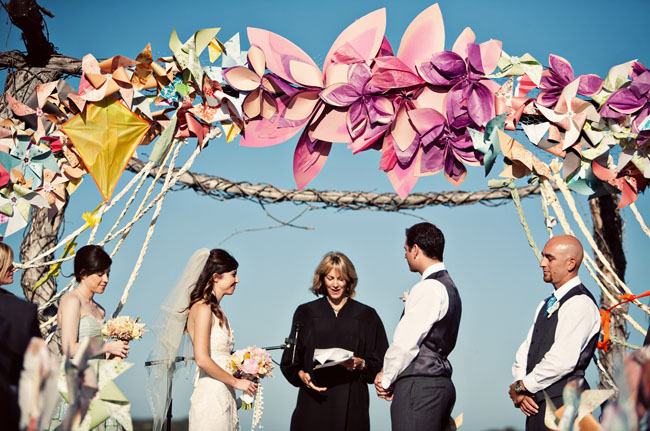 Lauren Jeff's Paper Flower and Pinwheel Altar via Green Wedding Shoes