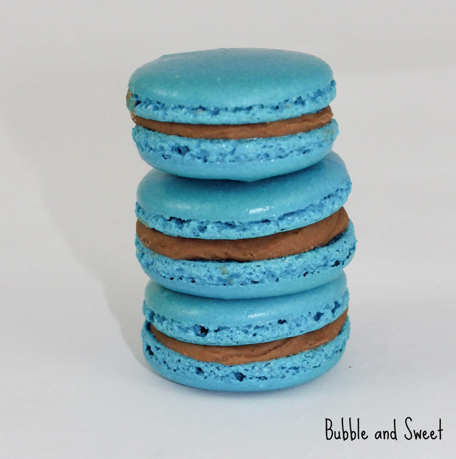 Bubble and Sweet Peanut Butter Chocolate Ganache Blue French Macarons