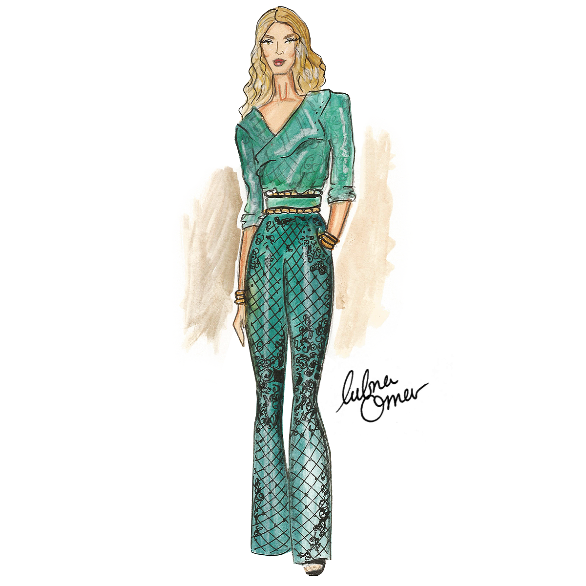 Rosie Huntington-Whiteley in Balmain x H&M illustration by Lubna Omar