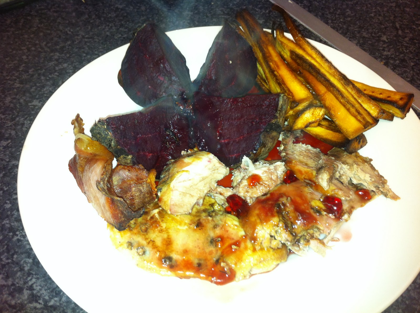 The lone gourmet Roast pheasant with roasted roots