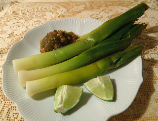 Plate of Braised Leeks with Lime and Tomatillo Salsa