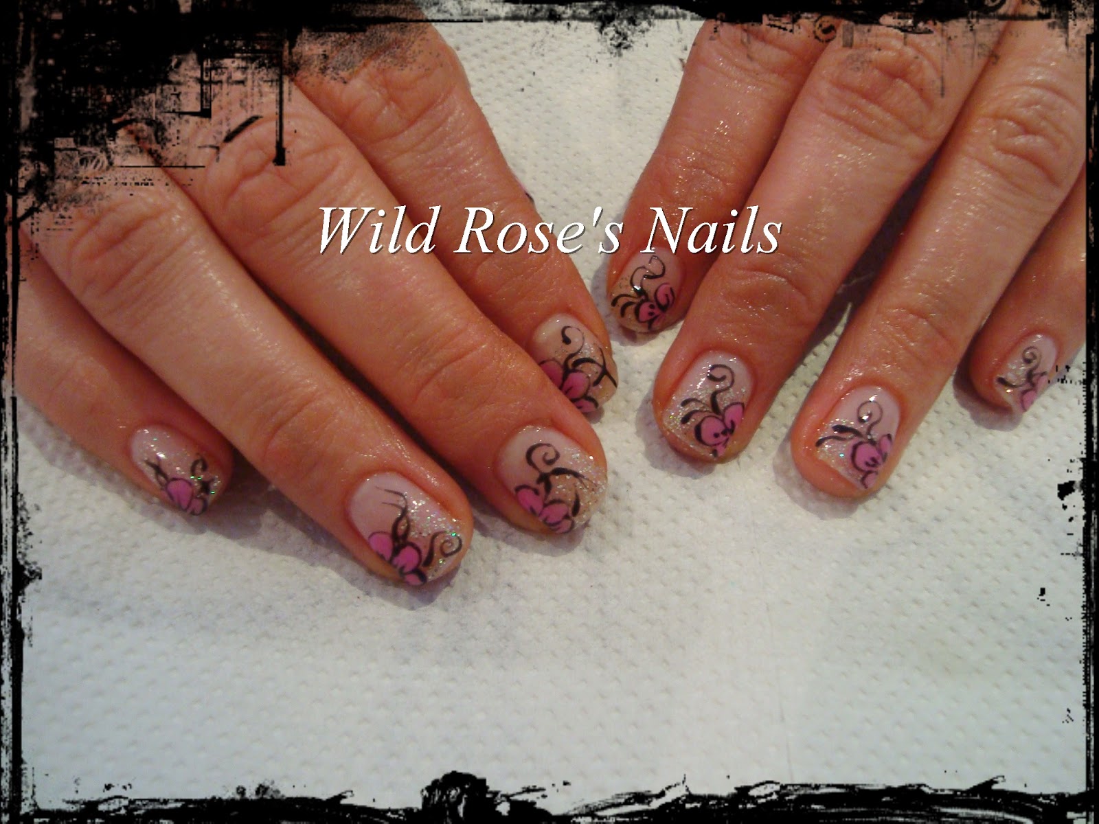 Wild Rose's Nails Embedded Glitter And Hot Pink Flowers
