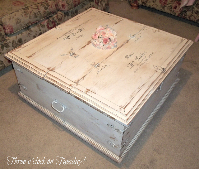 Three o'clock on Tuesday SOLD Shabby vintage label coffee table / trunk.