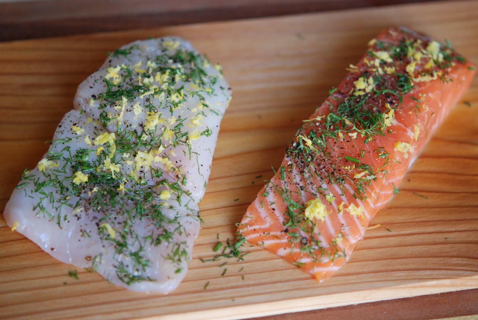 marys bites Grilled Cedar Plank Salmon and Halibut with Lemon and Dill