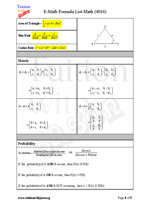 Additional Math (A-Math) And Math (E-Math) Formula Sheet for GCE O Levels
