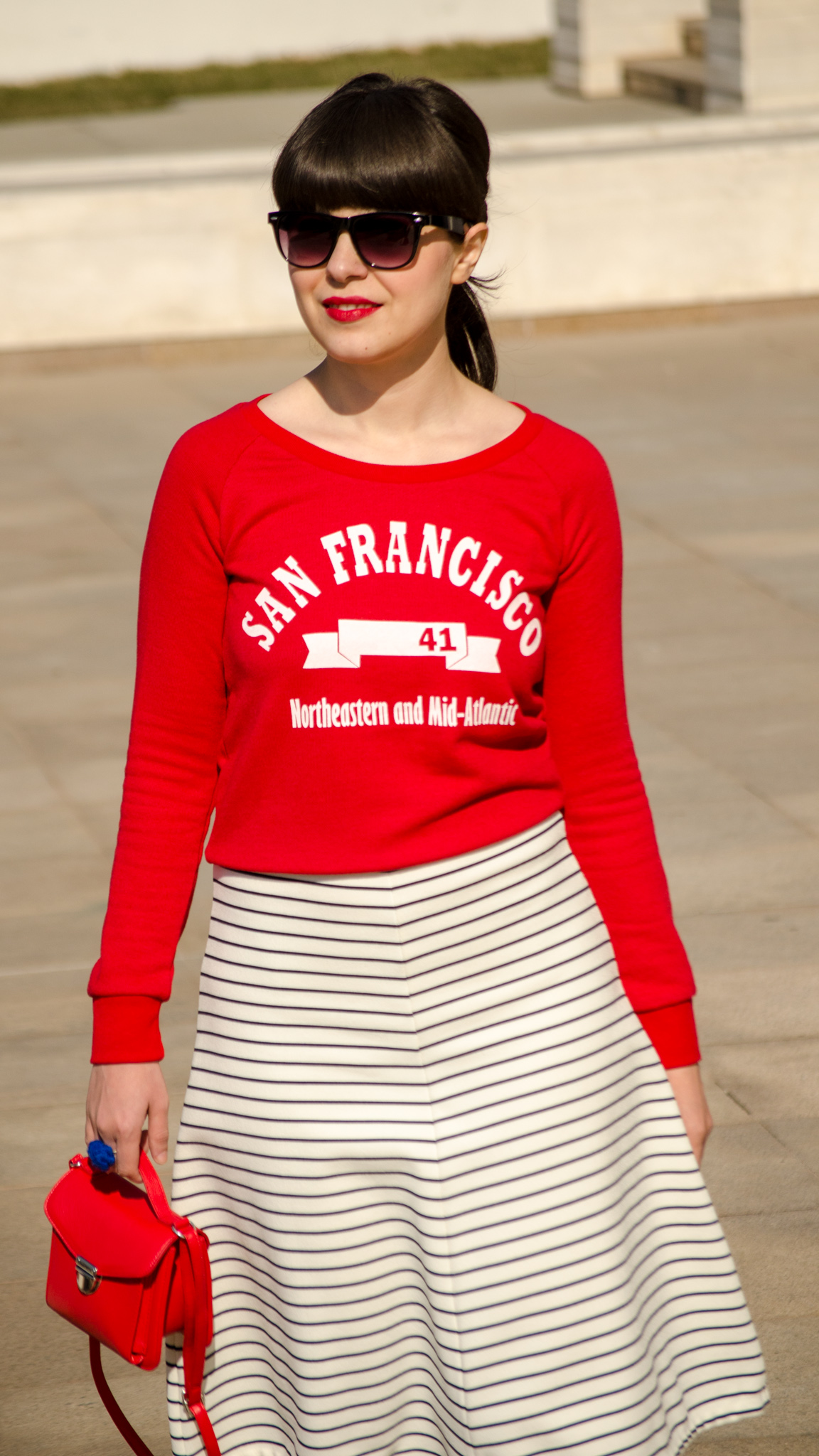 sport red top koton zara striped skirt stripes navy look red bag satchel cobalt blue sneakers converse spring outfit