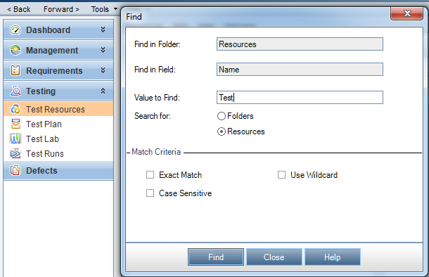 Search in Test Resources Tab ALM