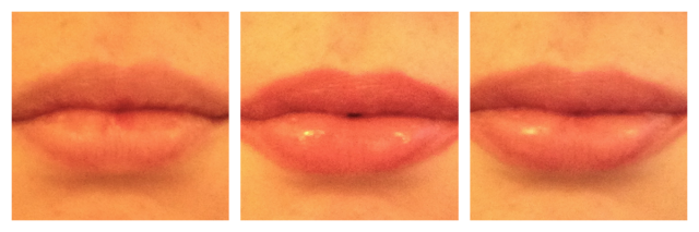 A picture of lips naturally, lips with apocalips applied and lips after an hour of wearing apocalips