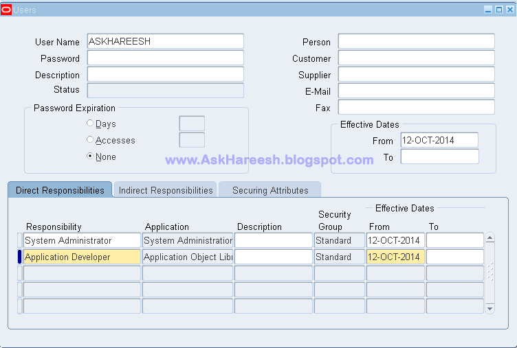 How to create user in Oracle Applications, AskHareesh.blogspot.com