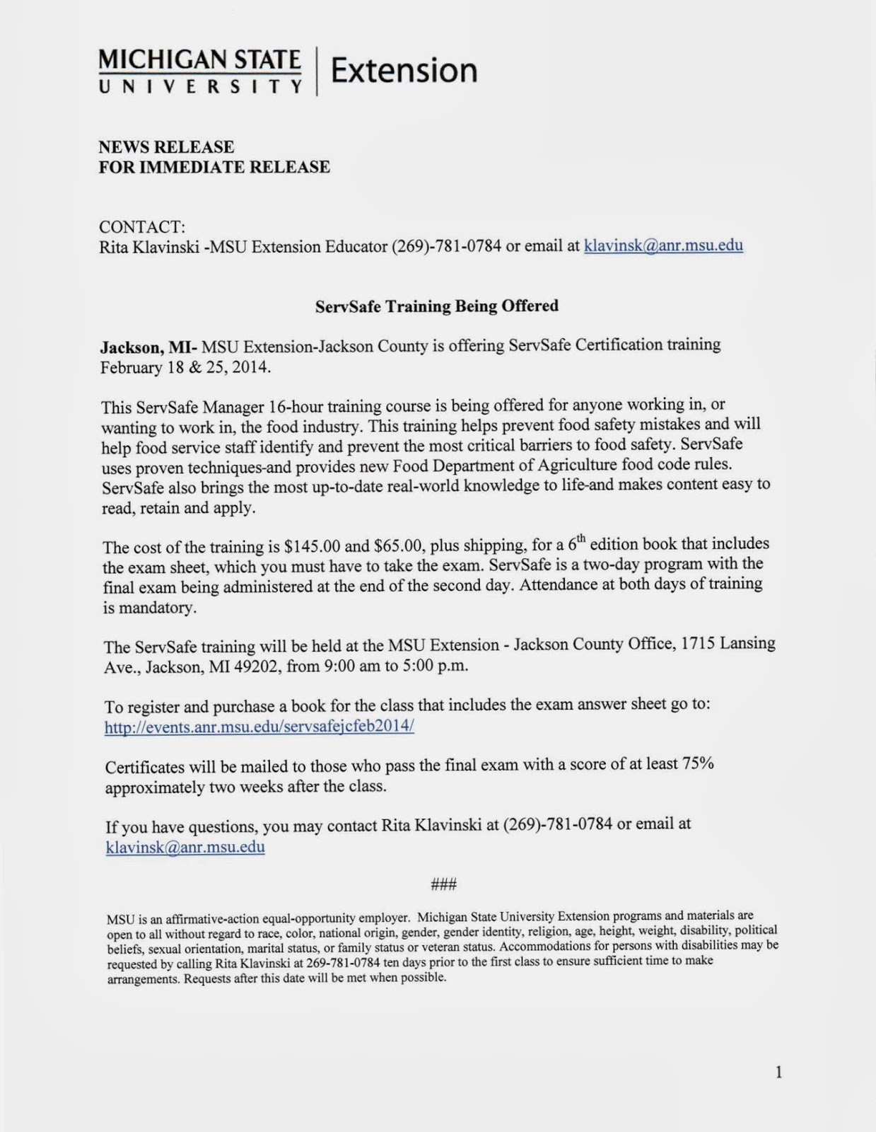 Jackson County Connections Servsafe Certification Training