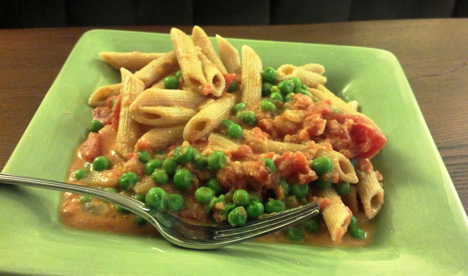Dinner is Vegan Penne with Vodka Sauce and Peas