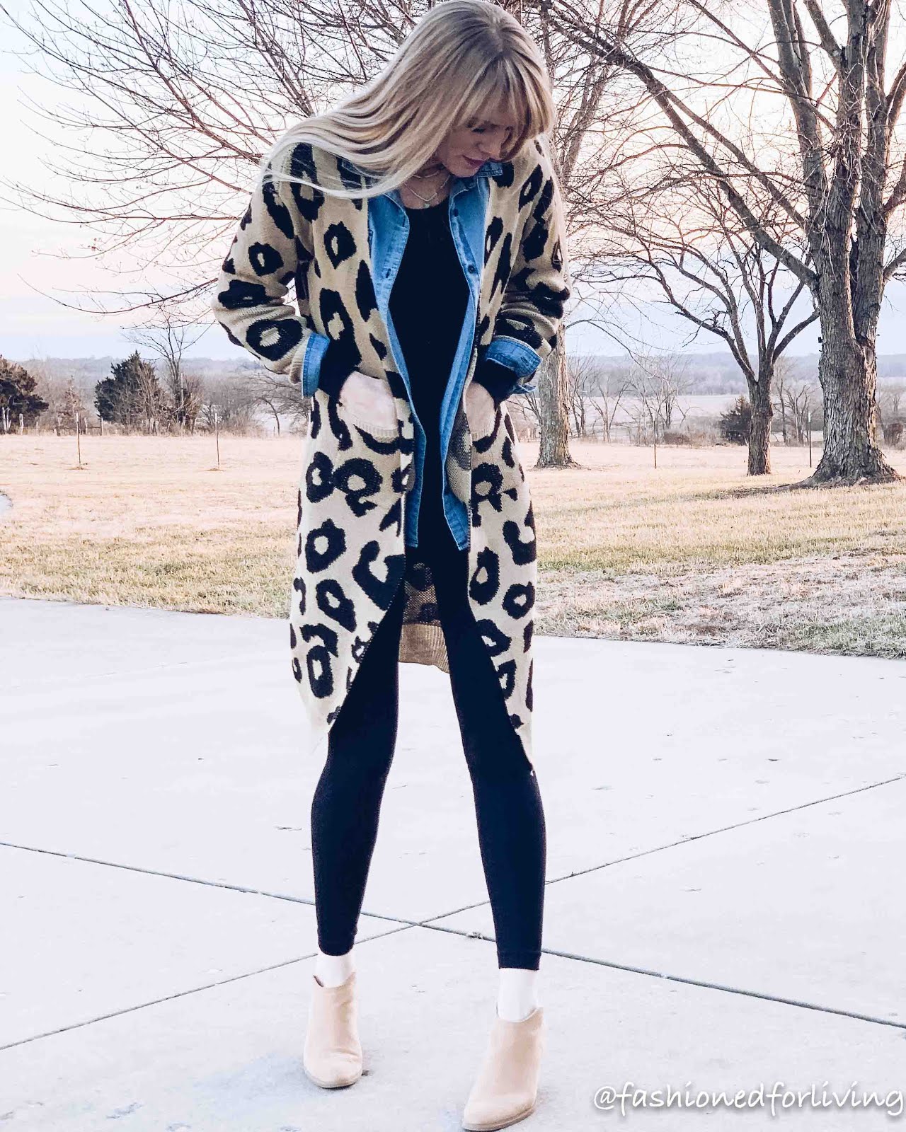 Fashioned For Living: long leopard cardigan outfit with leggings