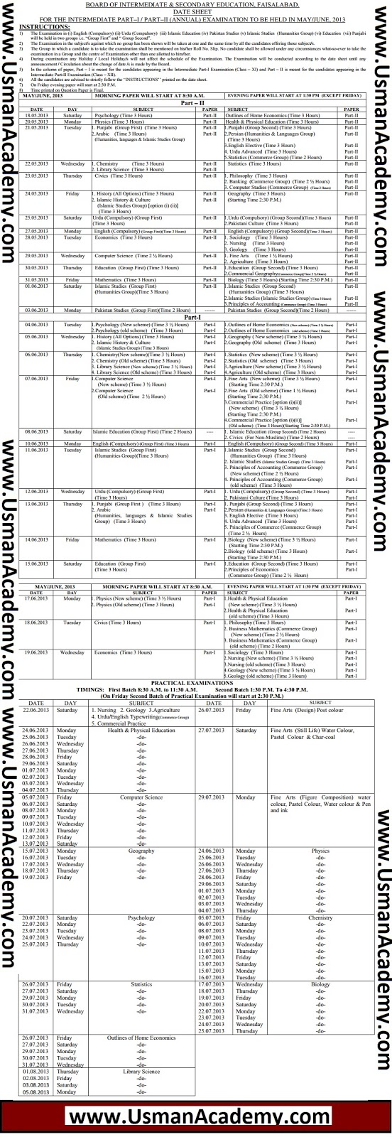 Bise Faisalabad Board Inter 1st Year 2nd Year Datesheet 2020