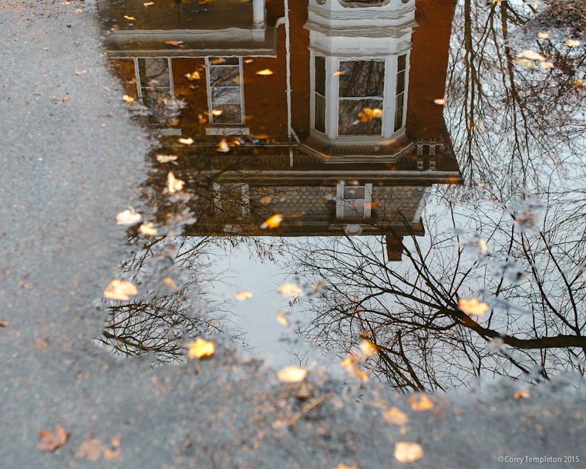 Portland, Maine November 2015 West End house reflected in puddle on street photo by Corey Templeton.