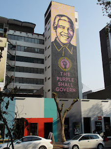 Nelson Mandela mural on Juta Street in Bromfontein by International artist Shepherd.Fairey.