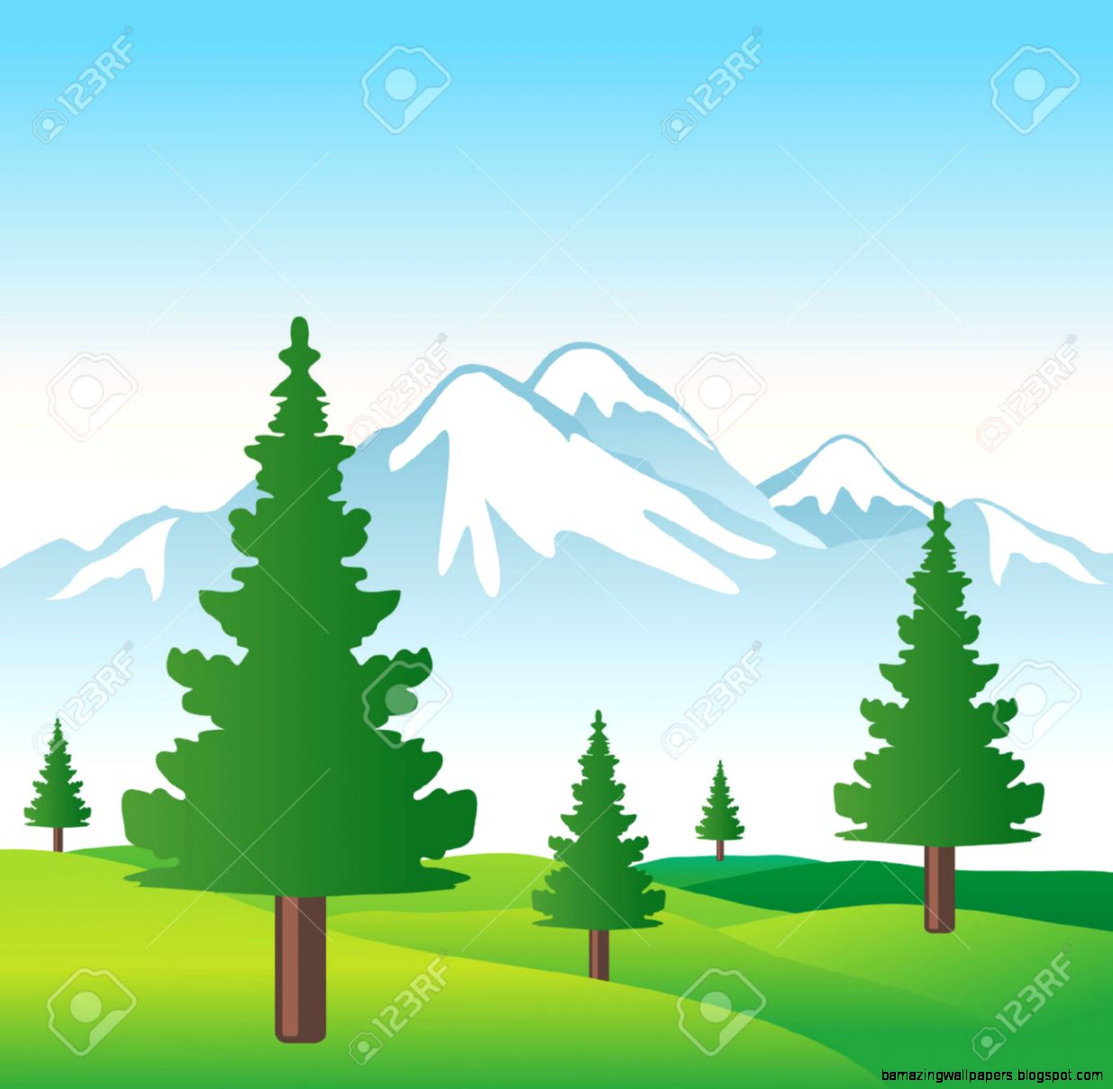 Illustration Of Beautiful Snowy Mountain With Sky Trees And Illustration Of Beautiful Snowy Mountain With Sky Trees And