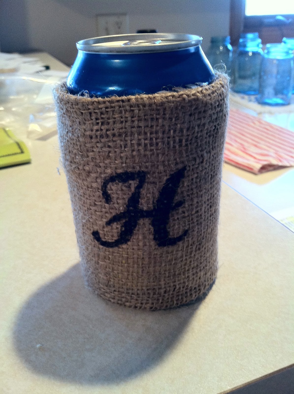 DIY Why Spend More DIY burlap wrapped koozies for wedding favors