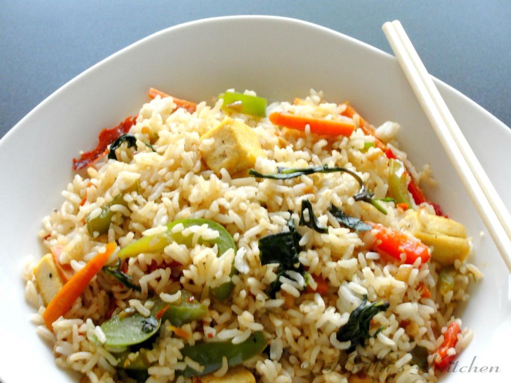 Krithi's Kitchen Garlic Basil Vegetable Fried Rice Thai Style