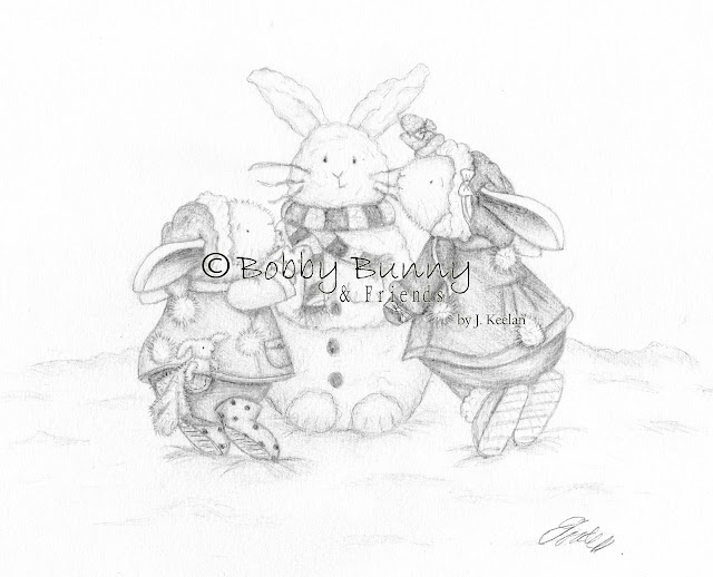 Bobby & Bella Bunny Character Black & White Christmas Illustration - Copyright Bobby Bunny & Friends By Jennifer Keelan 2009