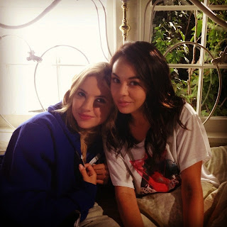 BTS Photo of Ashley Benson and Janel Parrish as Hanna and Mona on PLL BTS Photo of Ashley Benson and Janel Parrish as Hanna and Mona on PLL