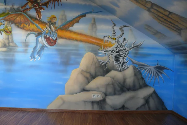 Malowanie obrazu na ścianie w pokoju chłopca przedstawiającego bohaterów z filmu Jeźdźcy smoków, grafika ścienna Bydgoszcz, 