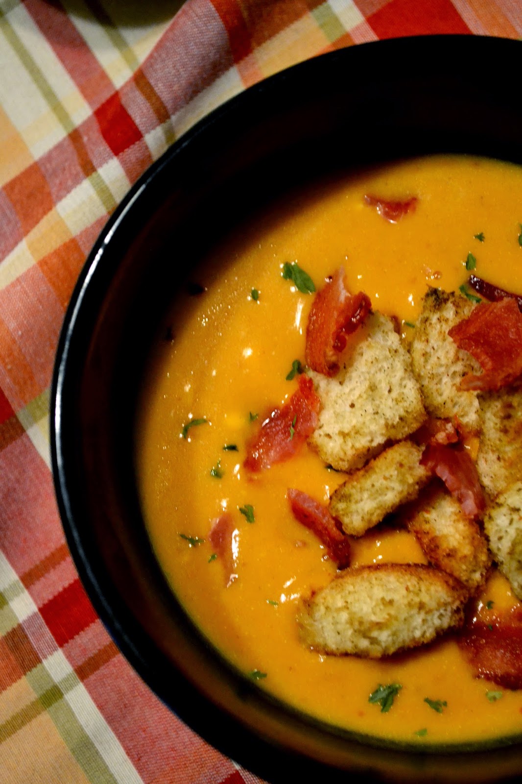 Simple Savory & Satisfying Pumpkin Soup with Sage Croutons and Bacon