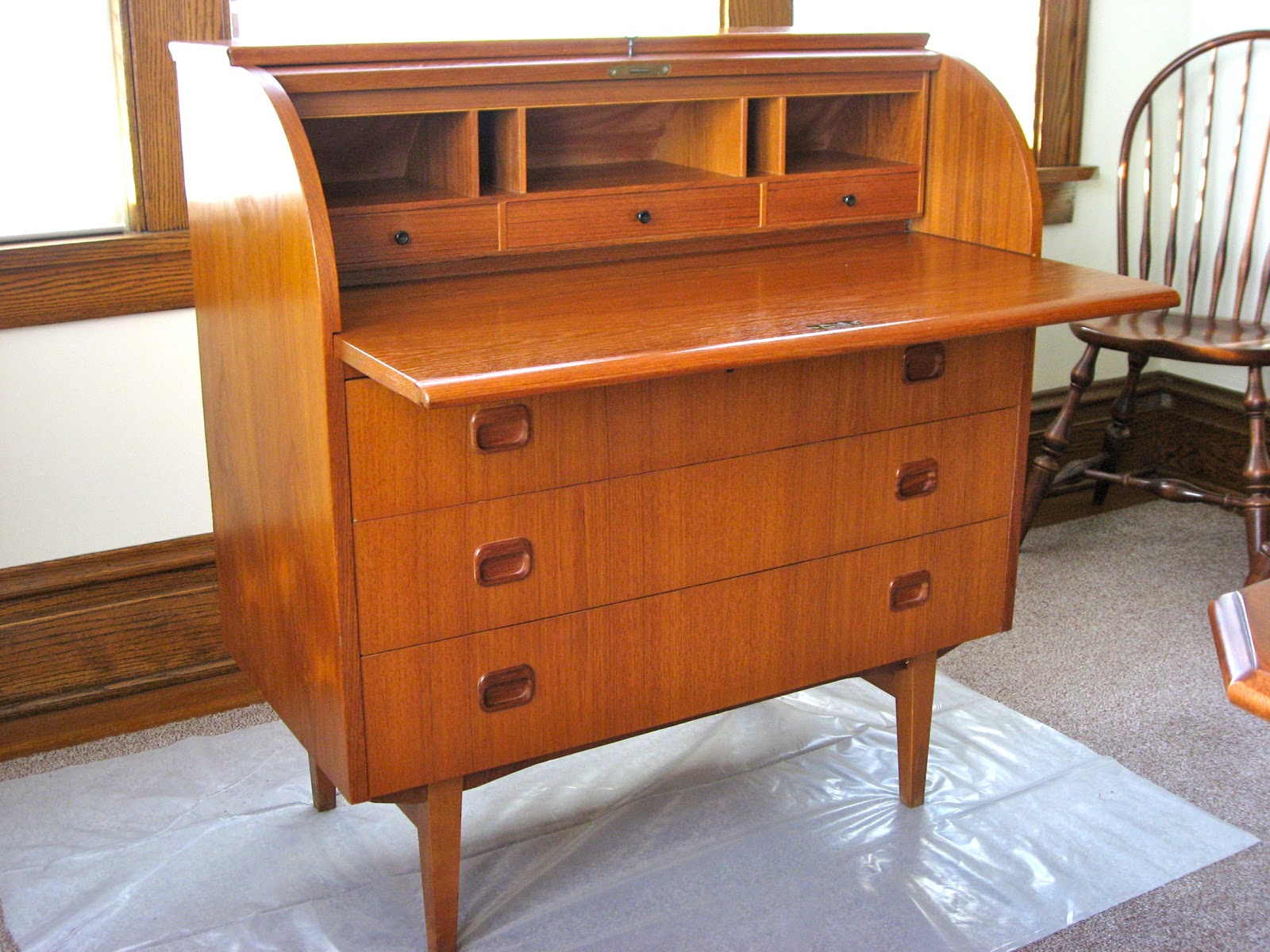 Red Telly Mid Century Swedish Teak Roll Top Desk Aka Blix