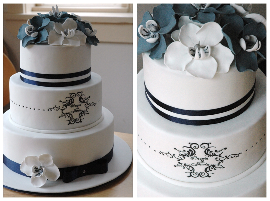 This was a three tier chocolate mud with stylized navy and white sugar 