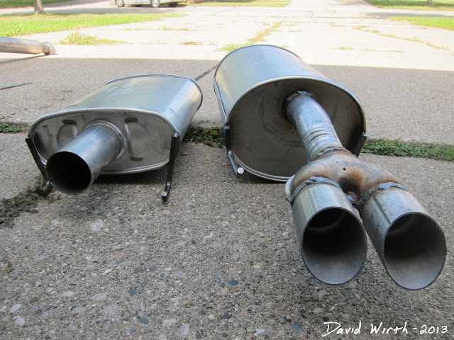 compare muffler size, high performance, stock