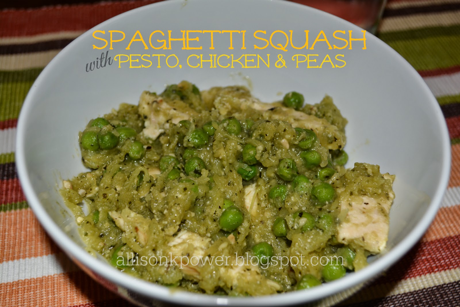 a power full journey Spaghetti Squash with Pesto, Chicken & Peas
