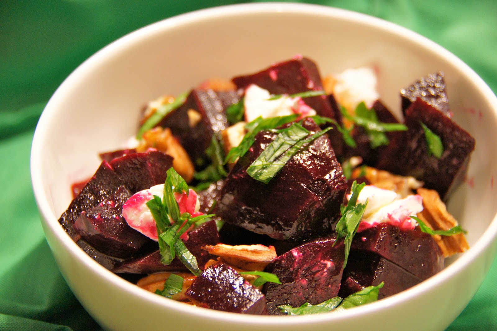 Family Food Finds Beet Salad with Goat Cheese and Toasted Pecans