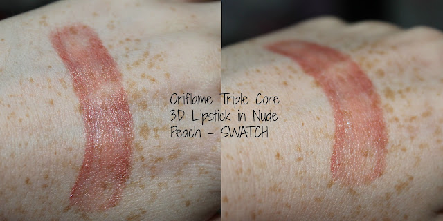 Oriflame Triple Core 3D Lipstick Blog Review Nude Peach Swatch