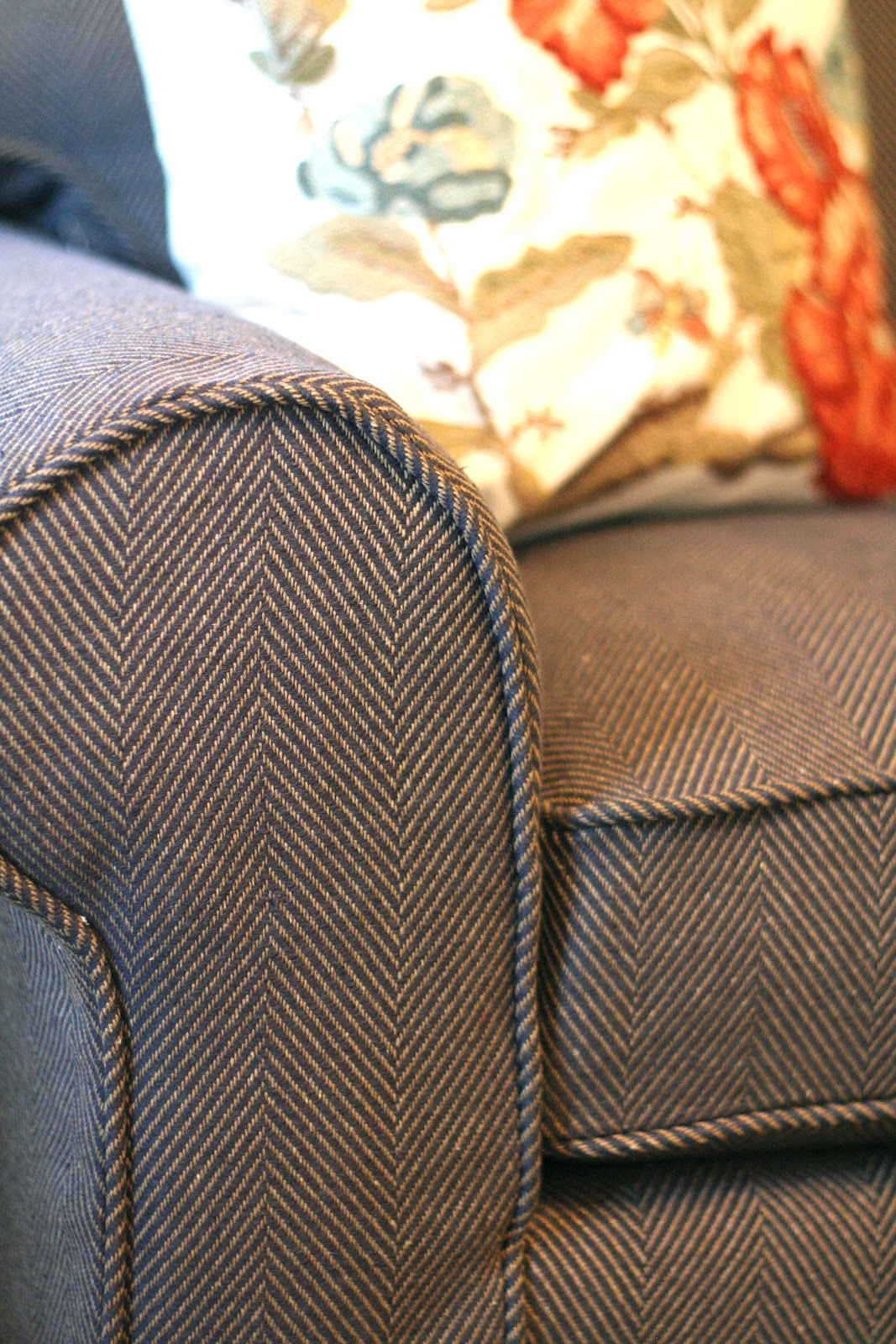 Custom Slipcovers by Shelley Navy/Tan Herringbone Couch Slipcover