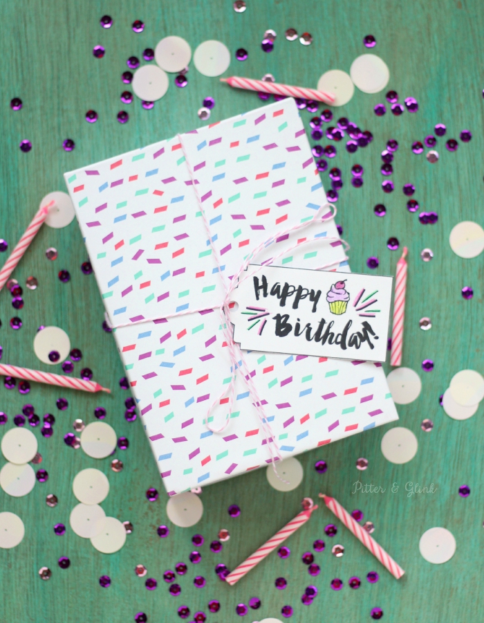 Free Printable Happy Birthday Gift Tags--Download the tag file, print on card stock, and color the tags to match your gift wrapping! www.pitterandglink.com