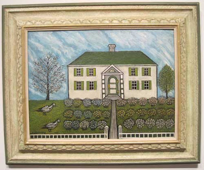 Folk art painting of a house with garden in front