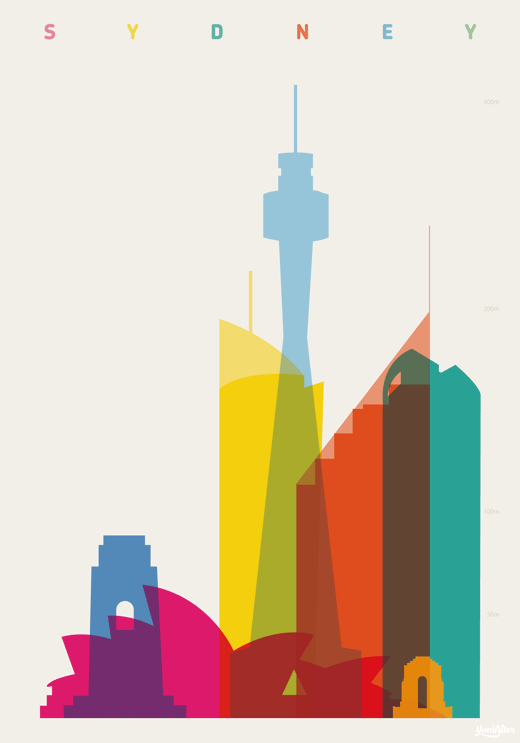 yoni alter ilustração cidades minimalistas ponto turísticos cores silhuetas prédios sydney