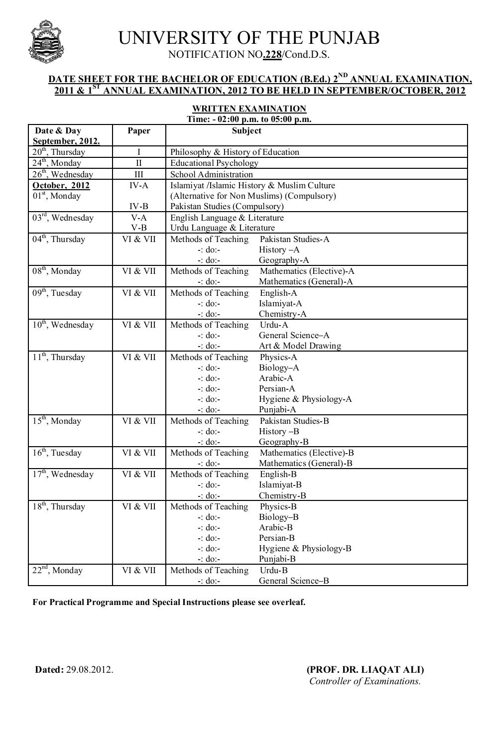 Date Sheet The University of Punjab Lahore Bacholar of Education (B.ed