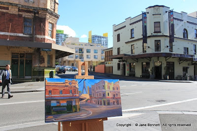 plein air oil painting of the Terminus Hotel and the Point Hotel, Harris Street Pyrmont painted by industrial heritage artist Jane Bennett