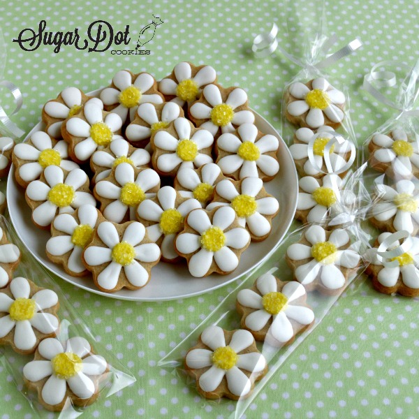These mini daisy cookies were bagged up to be handed out as favors for