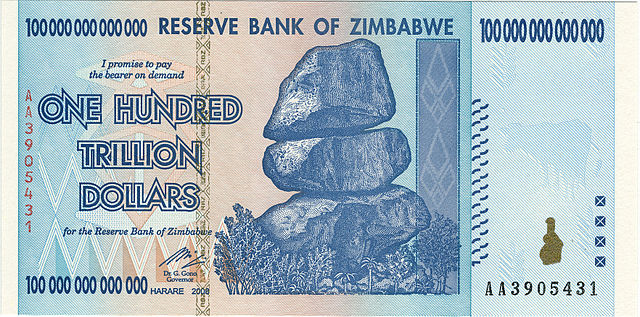 $100 trillion dollar bill in Zimbabwe dollars, front side, from Zimbabwe's worst period of hyperinflation in 2008