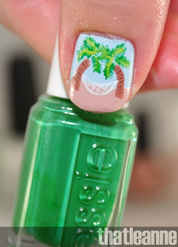 Close up of the thumb design. OPI Alpine Snow was used to draw the hammocks