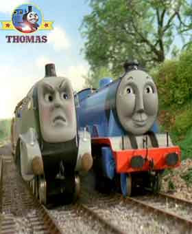 Big express engine Gordon the blue train going back to the railway station party with Spencer train
