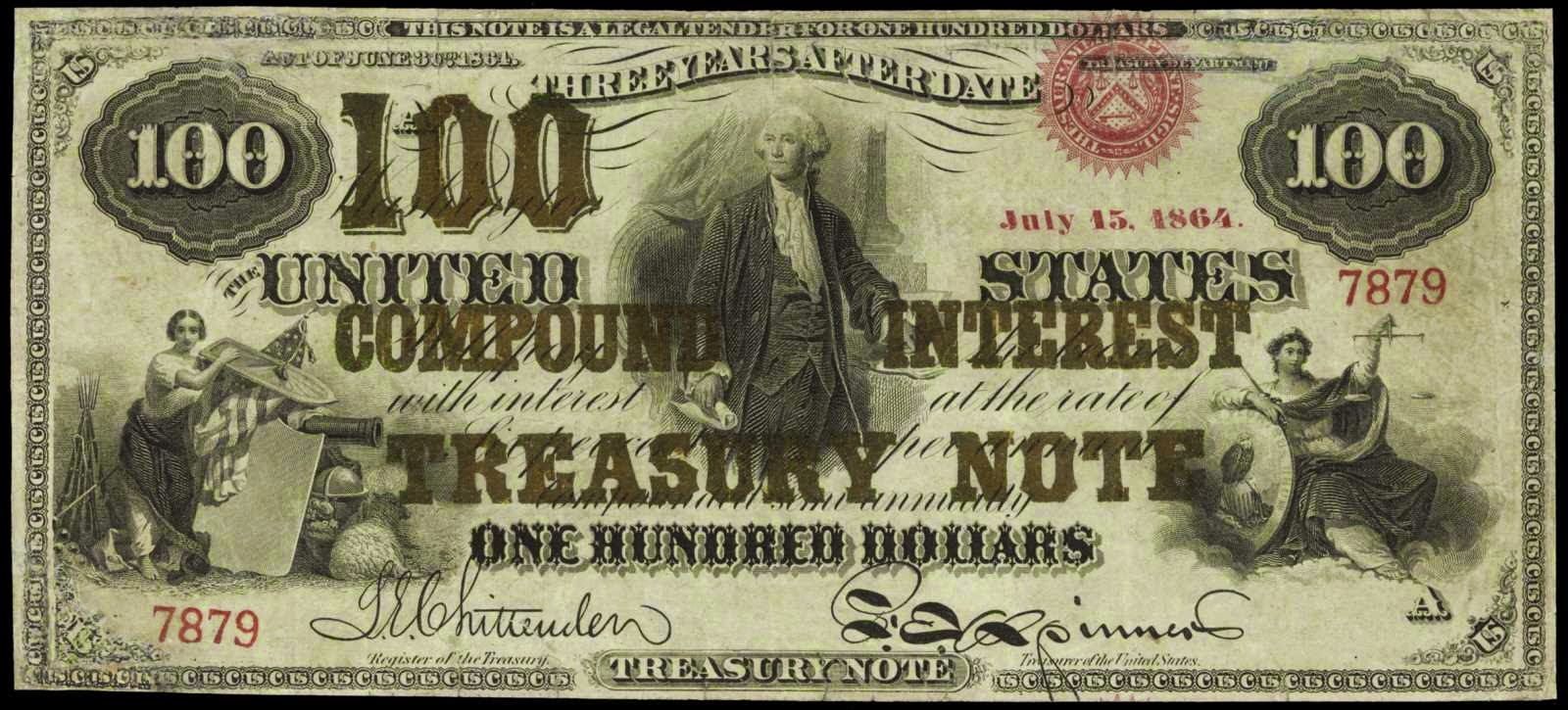 1864 One Hundred Dollar Compound Interest Treasury NoteWorld Banknotes & Coins Pictures Old