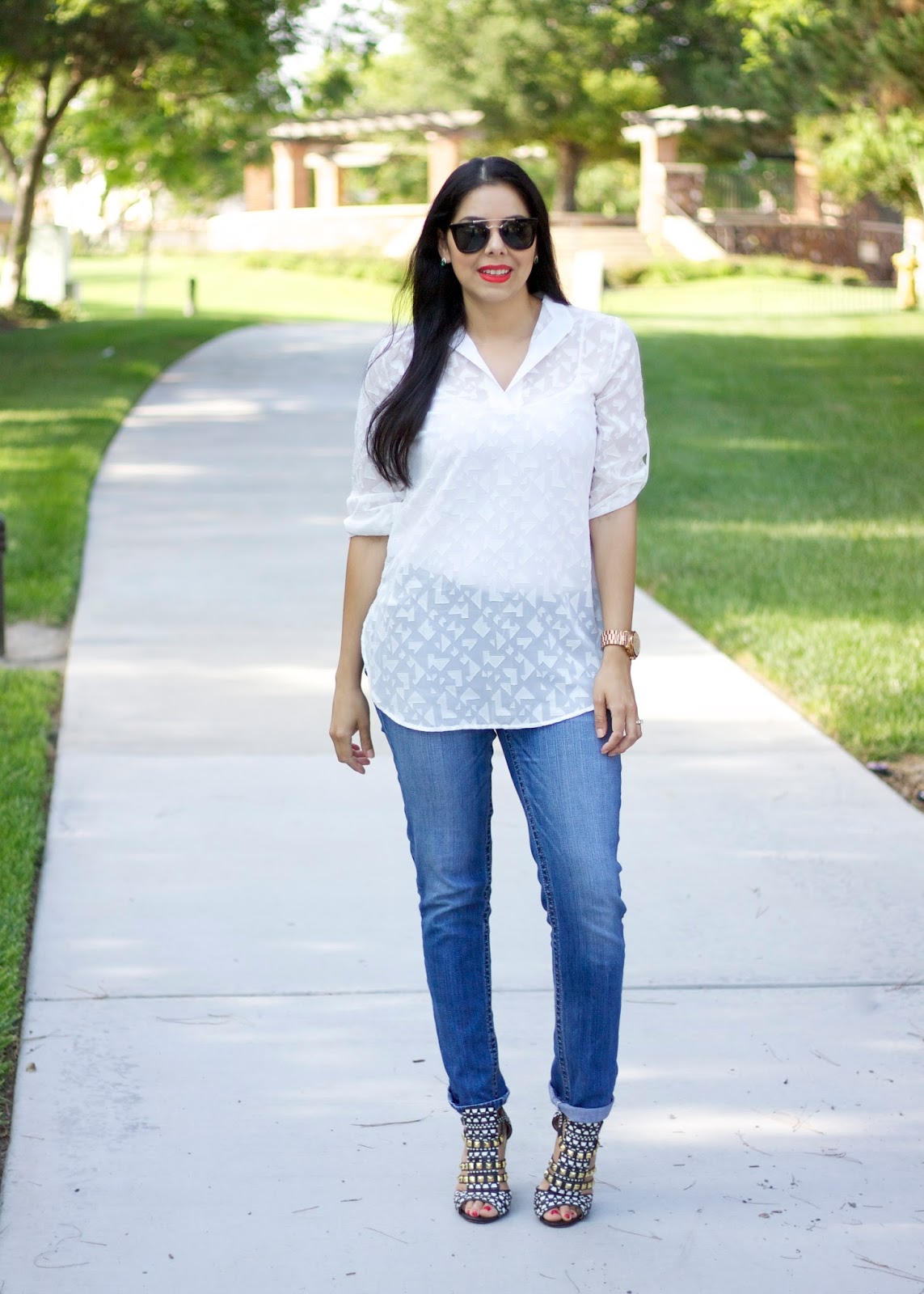 Lil Bits of Chic: White Flowy Top white top outfit, white top and jeans outfit, black and white zara sandals, black and white not rated sandals, black and white sandal heels