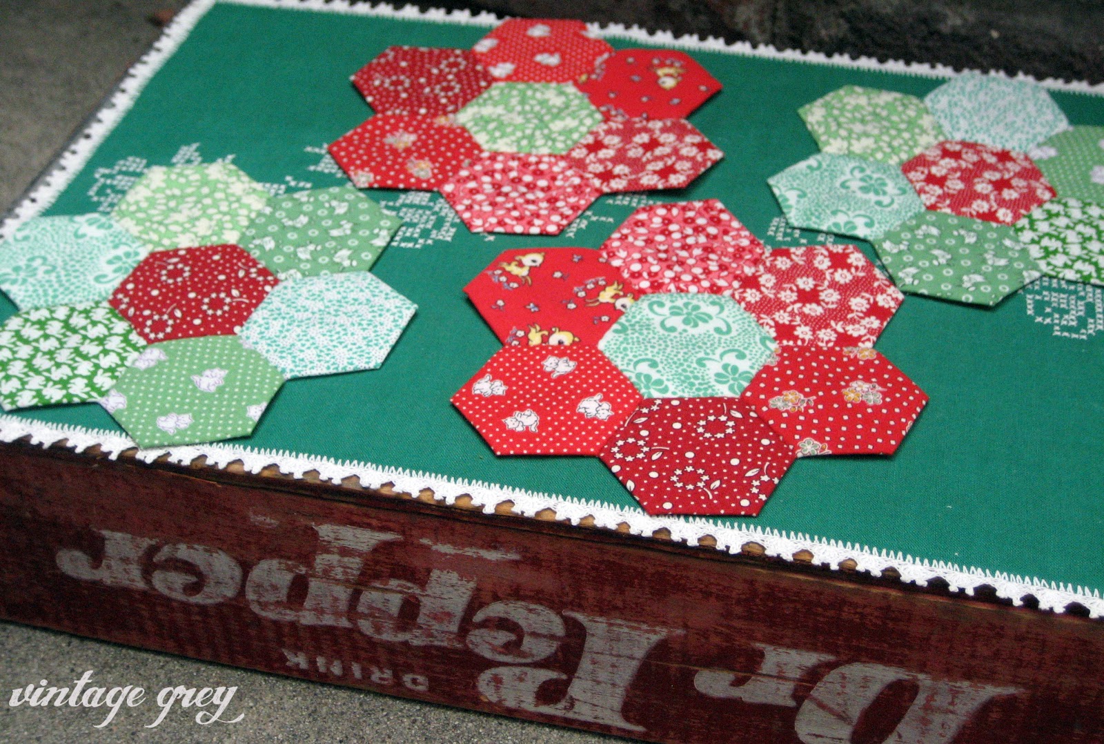 vintage grey christmas hexies and quilt