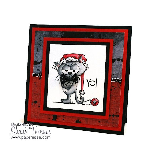 Bugaboo Crabby Cat Christmas digistamp, colored with Caran d'Ache Luminance 6901 pencils, card design by Paperesse.