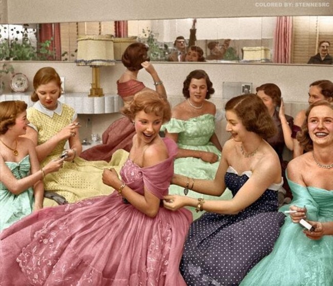 Young women hosting a 1950s house party.
