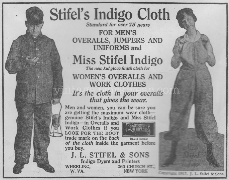 vintage workwear 1917 Print Ad for J.L. STIFEL & SONS Indigo Dyers and
