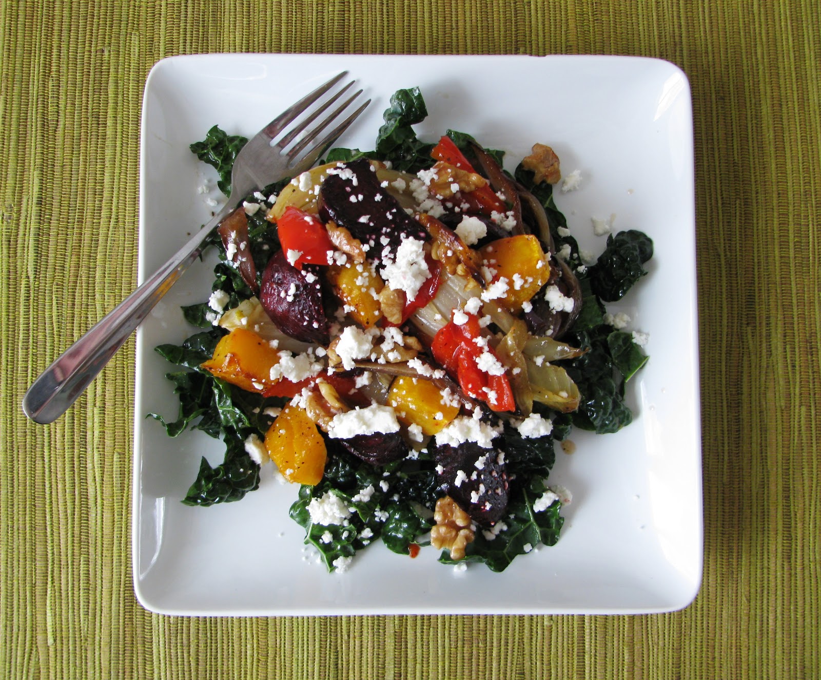 Chena Girl Cooks roasted vegetable & kale salad with honey vinaigrette